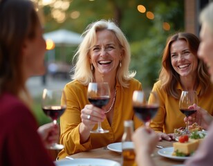 Women drink red wine at outdoor dinner party. Friends laugh and enjoy food, wine, and good company. People celebrate special occasion at restaurant.