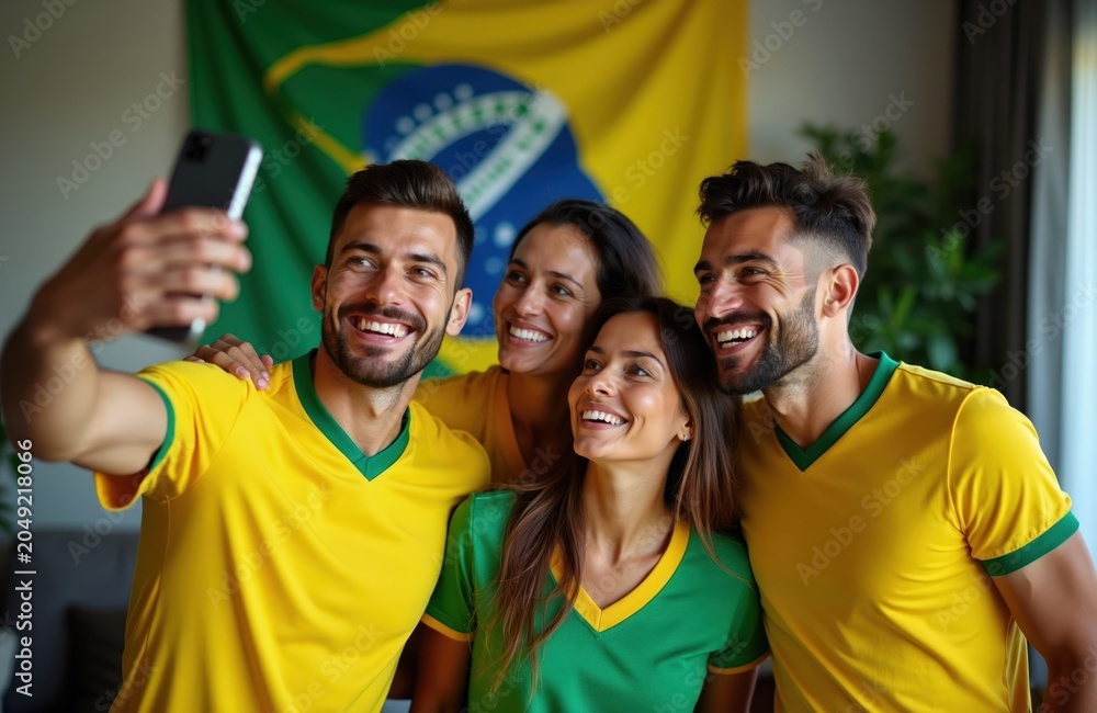 Obraz premium Young friends wear Brazil soccer jerseys taking a selfie photo. People celebrate game victory together in living room. Fans cheer team watching match on TV, happy faces show joy.