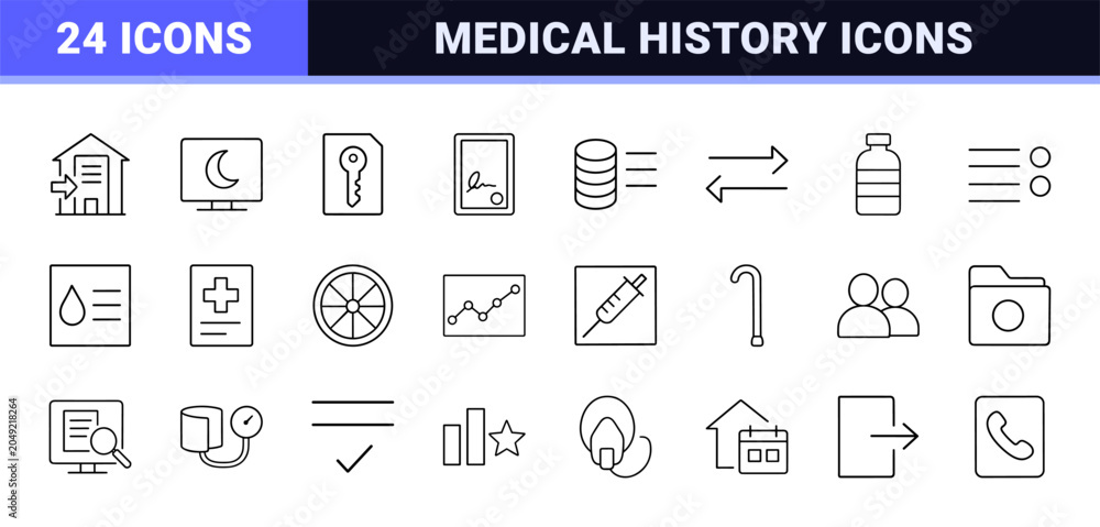 Naklejka premium Senior care plan line icon set. Vector pictograms of patient intake, medical history, clinical workflow, and health monitoring elements, thin linear illustration.
