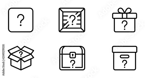 Bild auf Leinwand Mystery Box Icons, Surprise Gift Symbols, Question Mark Packaging Vector Set, Un