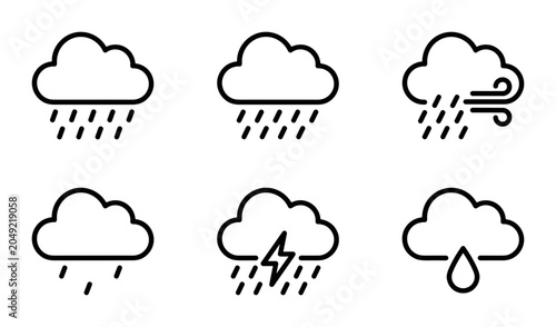 Bild auf Leinwand Weather Icons Set: Rain, Storm, Wind, Clouds, Forecast Symbols, Simple Line Art