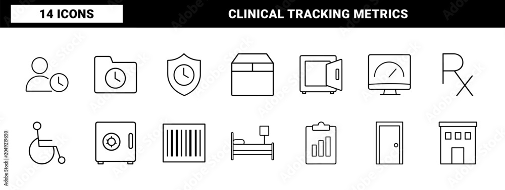 Fototapeta premium Length of stay review line icon set. Vector pictograms of patient management, clinical efficiency, hospital administration, and healthcare tracking elements, thin linear illustration.