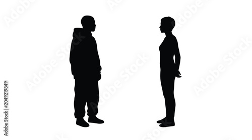 Two silhouetted figures, a man and a woman, stand facing each other.