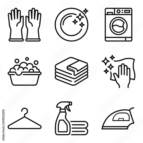 Household cleaning and housekeeping service line icons with cleaning housekeeping detergent