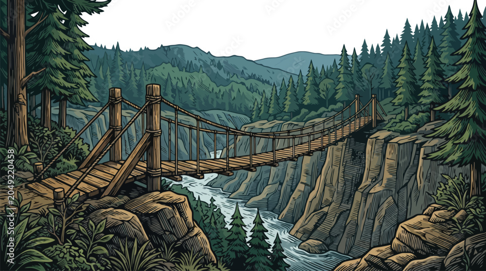 Fototapeta premium Scenic river canyon with hydroelectric dam and evergreen forest vector illustration.