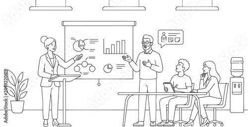 Foto A business presentation in an office environment with a female speaker, male co-worker, and attentive audience