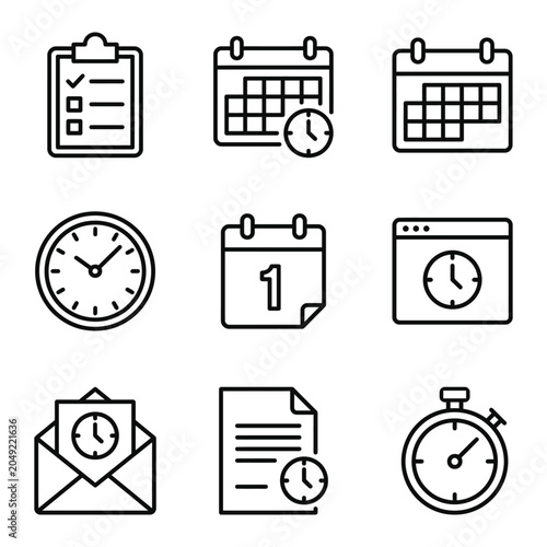 Set of time and scheduling line icons featuring calendars clocks and checklists calendar checklist