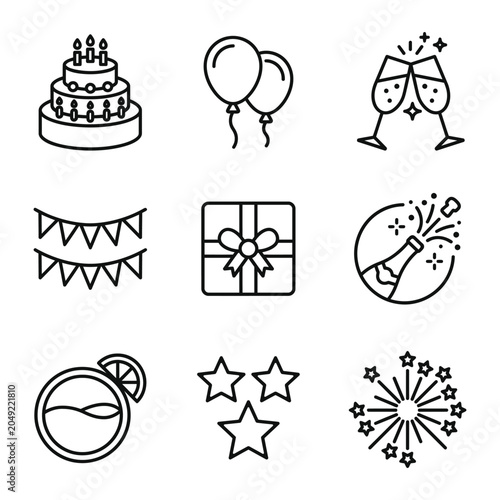 Celebration and party line icons set including birthday cake balloons and fireworks with celebration