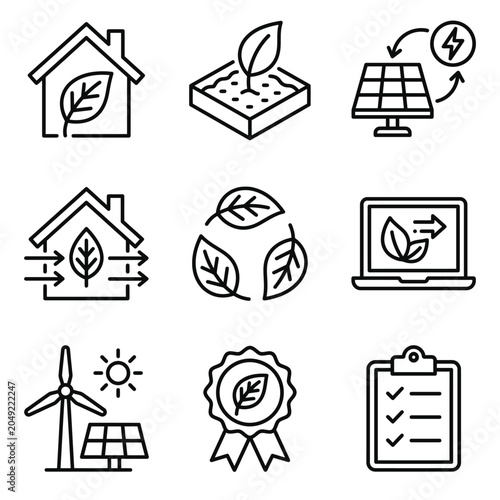 Sustainable energy and green tech linear icon set with sustainability renewable technology