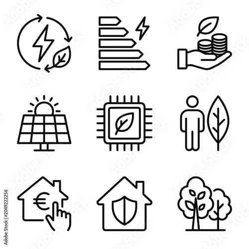 Sustainable finance and green tech linear icon set with sustainability technology environment