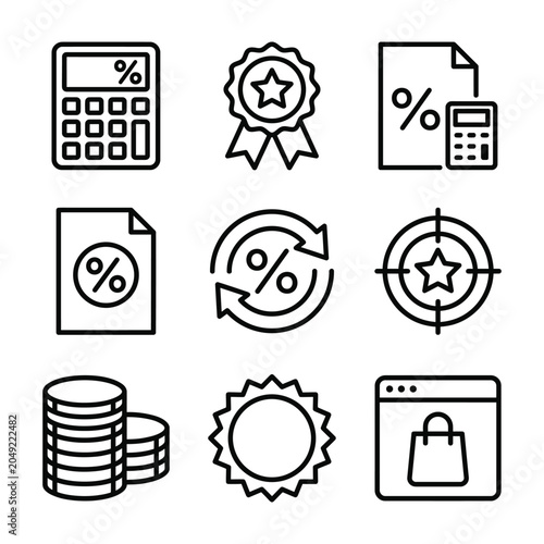 Financial investment and percentage discount outline icon set with percentage discount calculation