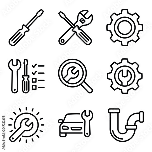 Set of engineering and repair service icons line art style with screwdriver maintenance technical