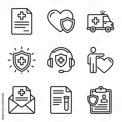 Medical health insurance and emergency services outline icon set with insurance ambulance document