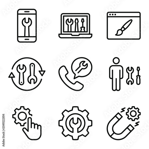Technical support and digital maintenance icon set with technical computer maintenance software