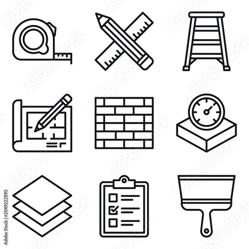 Construction and building site icon set line art with construction building blueprint planning