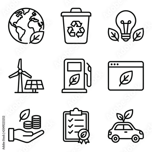 Eco friendly and sustainable energy line icon set with earth day environment sustainability