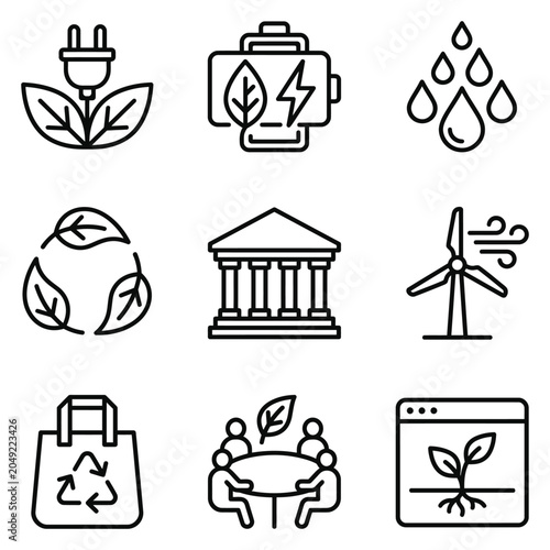 Sustainable living and renewable energy line icons with sustainable environment renewable