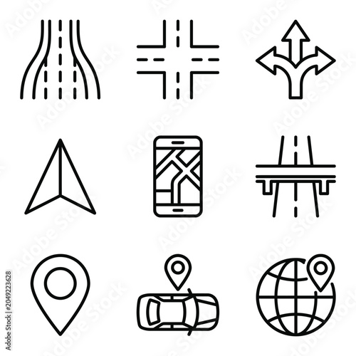 Navigation and location maps line icon set for travel and transportation with navigation, location