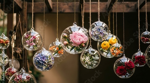 Artistic floral arrangement in hanging glass globes for wedding and event decoration