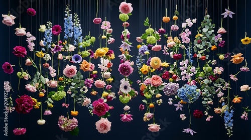 Colorful Hanging Flower Installation Background on Dark Navy Backdrop