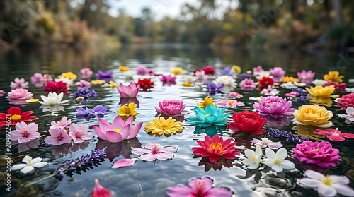 Colorful Vibrant Flowers Floating on a Peaceful River Surface
