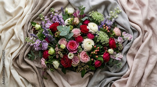 Elegant Floral Bouquet with Roses and Ranunculus on Soft Draped Fabric