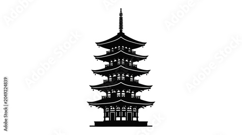Tableau sur toile Black silhouette of a traditional Japanese pagoda on a white background