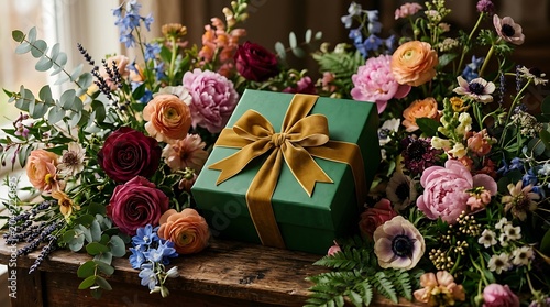 Elegant Green Gift Box with Gold Bow Surrounded by Colorful Spring Flowers