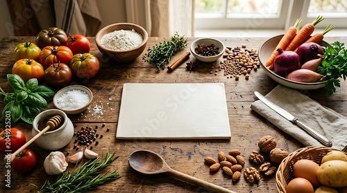 Fresh cooking ingredients on rustic wooden table with blank ceramic plate for text