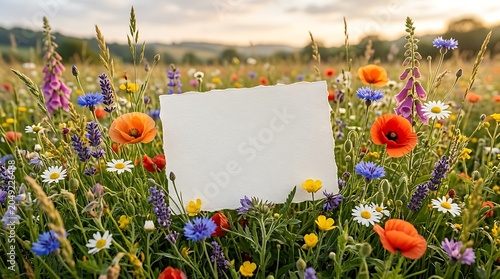 Mockup blank white card in a summer wildflower meadow with colorful flowers