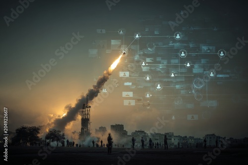 Symbol of strength: missile launch at sunset in iranian sky. Internet friends network. Illustration of military might: iranian missile launch at a breathtaking sunset.