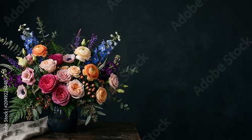 Elegant Floral Arrangement with Roses and Delphinium on Dark Background