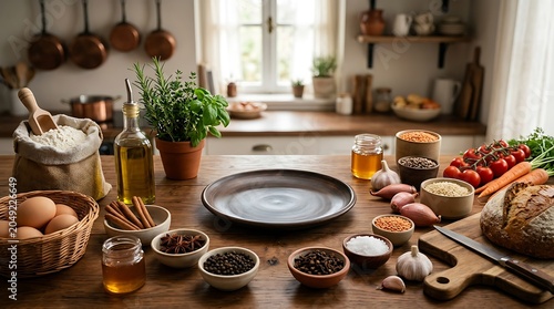 Rustic Wooden Table with Healthy Cooking Ingredients and Empty Plate