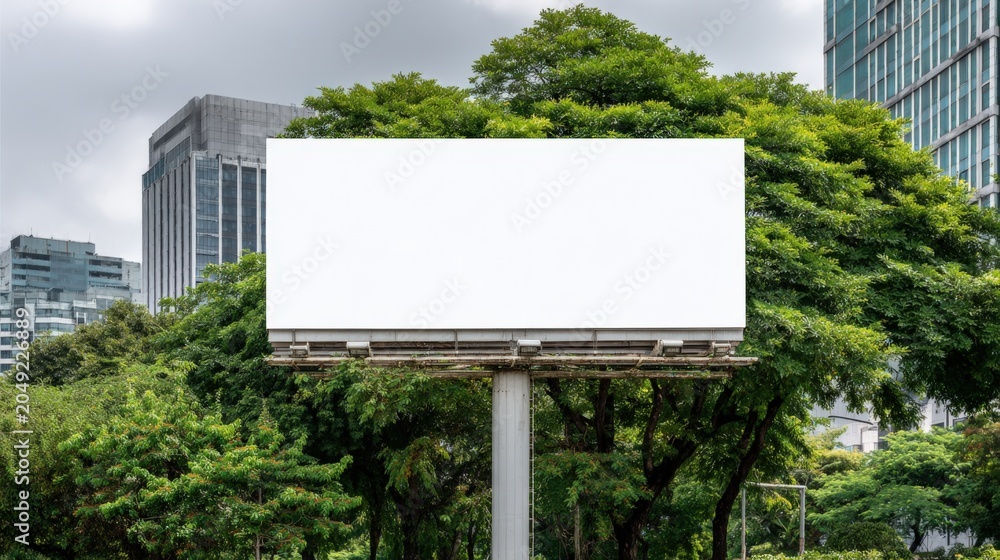 Fototapeta premium Blank Billboard Sign in Urban Park Setting with Modern Buildings and Lush Greenery