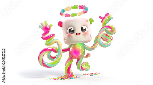 Fotografie A colorful cartoon character performs with swirling ribbons in a joyful scene with confetti