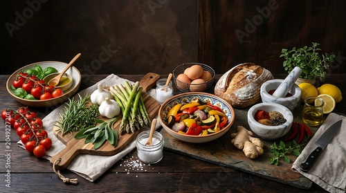 Variety of fresh organic vegetables herbs and spices on dark wooden rustic table