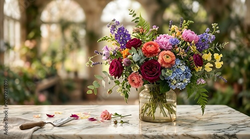 vibrant floral bouquet in a glass vase on a marble table