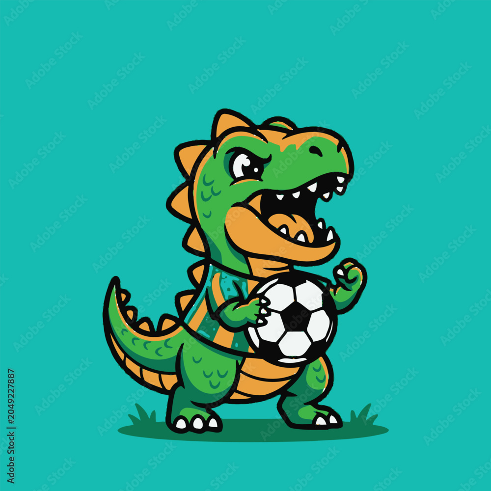 Fototapeta premium T-Rex Playing Soccer Ball Cartoon.