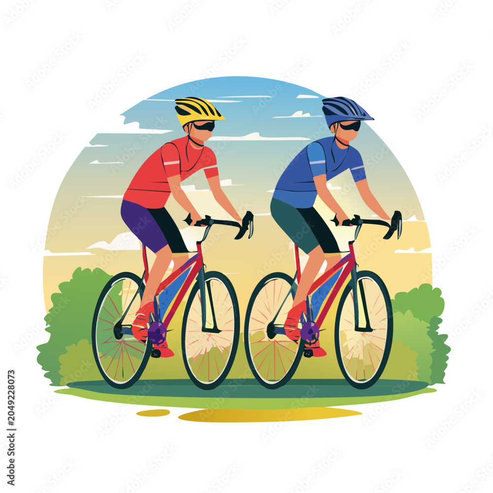 Fototapeta premium Two cyclists riding bicycles outdoors