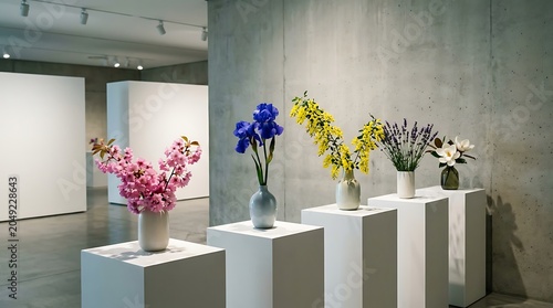 Minimalist floral art exhibition with different flower arrangements on white pedestals