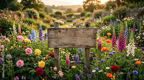 Rustic Blank Wooden Sign in a Colorful Summer Flower Garden