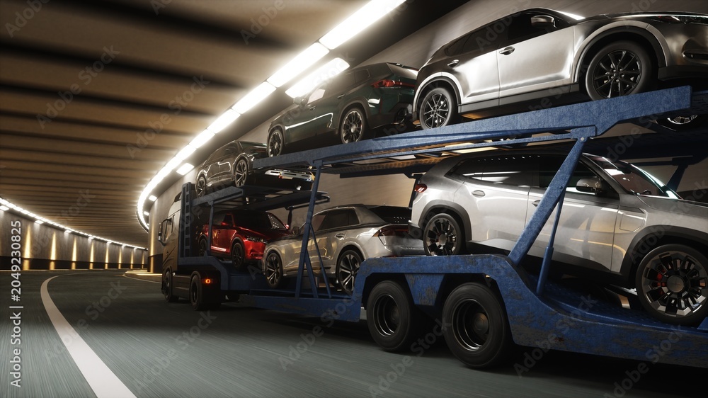 Fototapeta premium A 3d model of car transporter carrying cars drives through a tunnel at high speed. Transport business concept. 3d rendering.