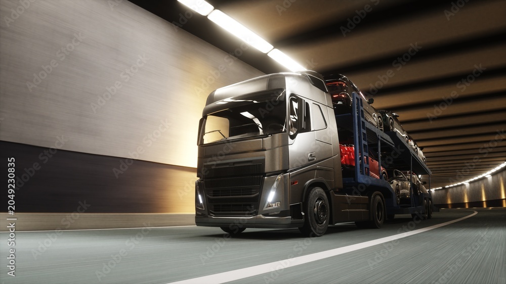 Fototapeta premium A 3d model of car transporter carrying cars drives through a tunnel at high speed. Transport business concept. 3d rendering.