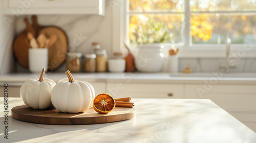 Elegant Autumn Kitchen Scene with White Pumpkins and Seasonal Ingredients