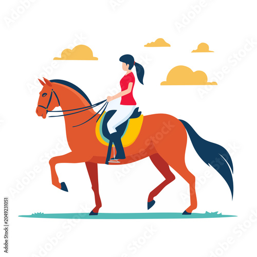 Woman Riding Horse in Flat Design Style