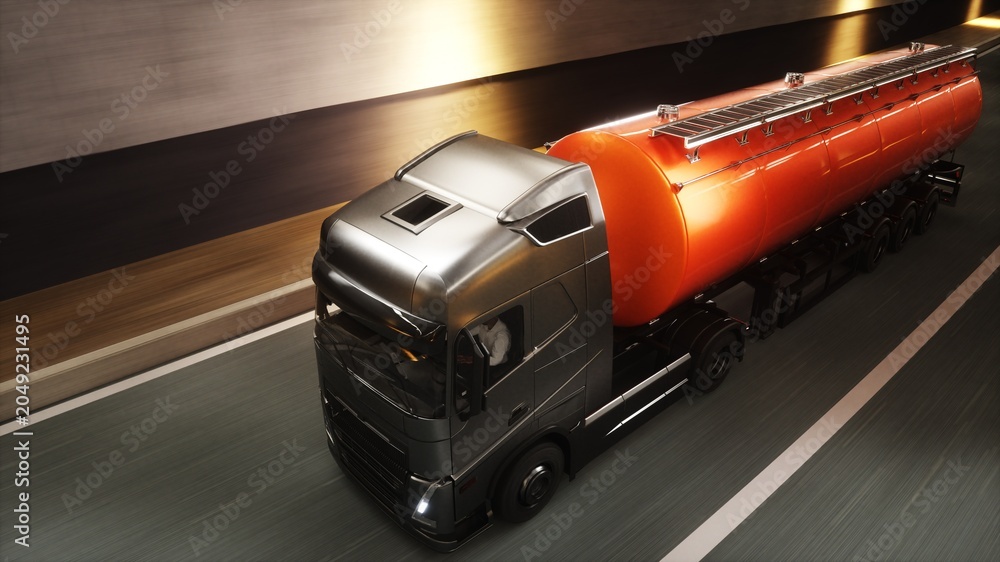 Naklejka premium 3d model red oil Tanker Truck Driving Through Modern Highway Tunnel. 3d rendering.