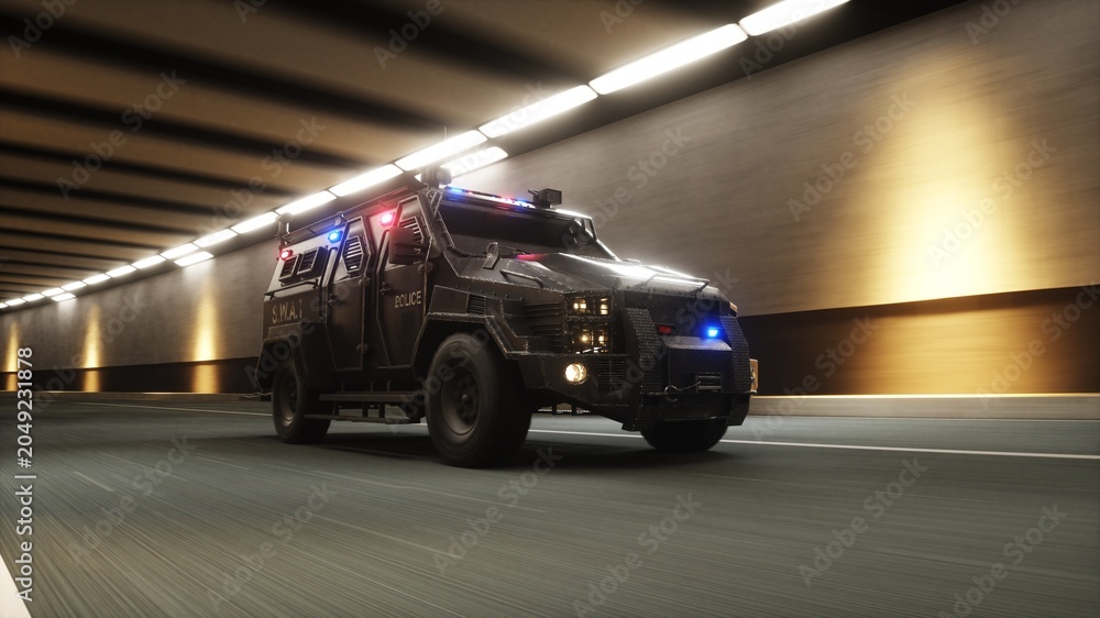 Obraz premium 3d model swat, Police Tactical Vehicle Driving Through Tunnel with Flashing Lights. 3d rendering.