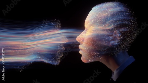 Human profile dissolving into luminous particles, abstract digital art