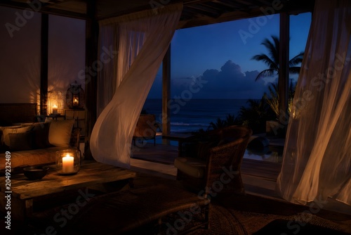 Cozy Tropical Beach Villa Living Room With Blowing Curtains At Night