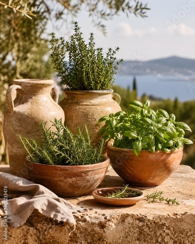 Fresh Aromatic Herbs Growing in Rustic Terracotta Pots on a Sunny Terrace
